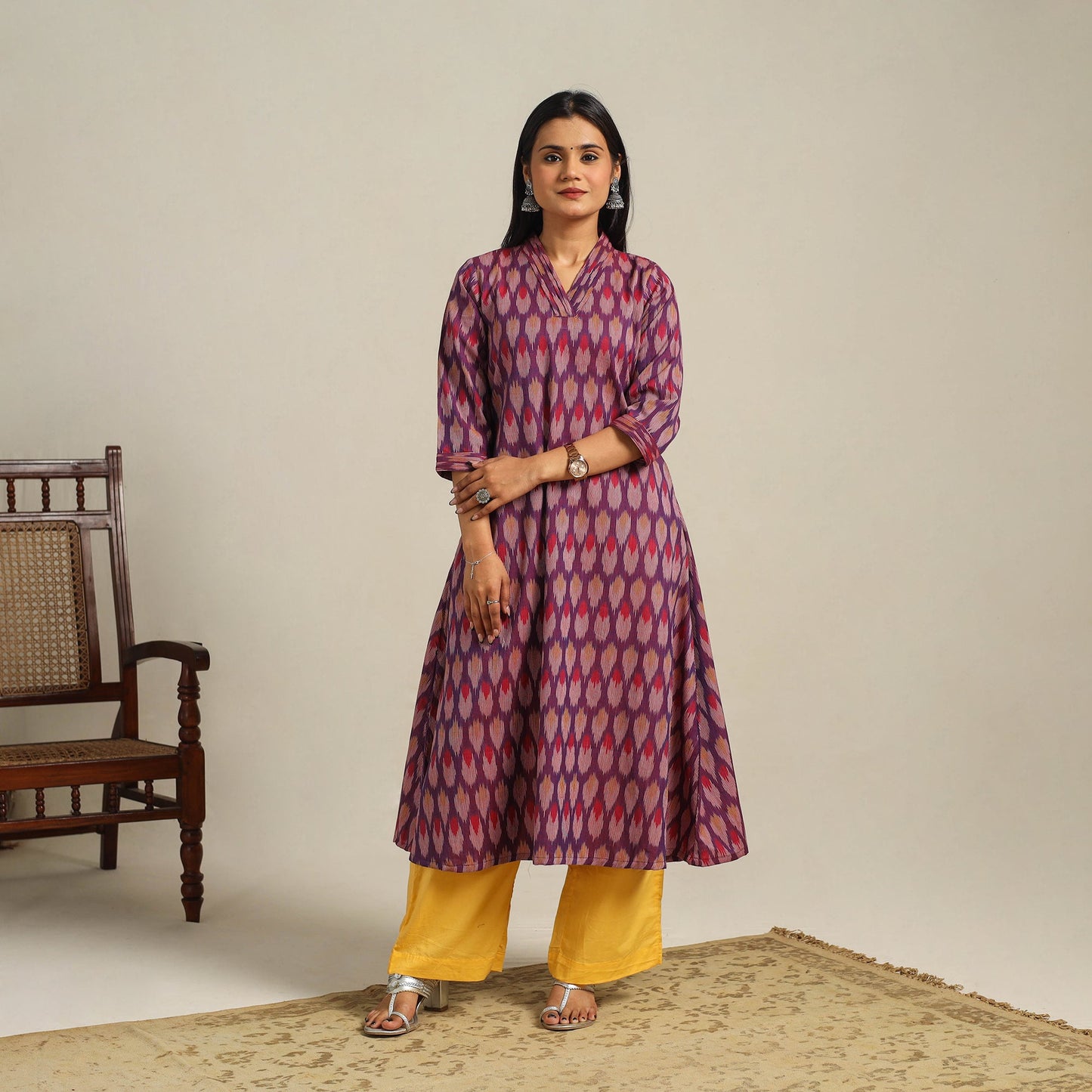 Purple Cotton Pochampally Ikat Kurta Set (Set of 2)