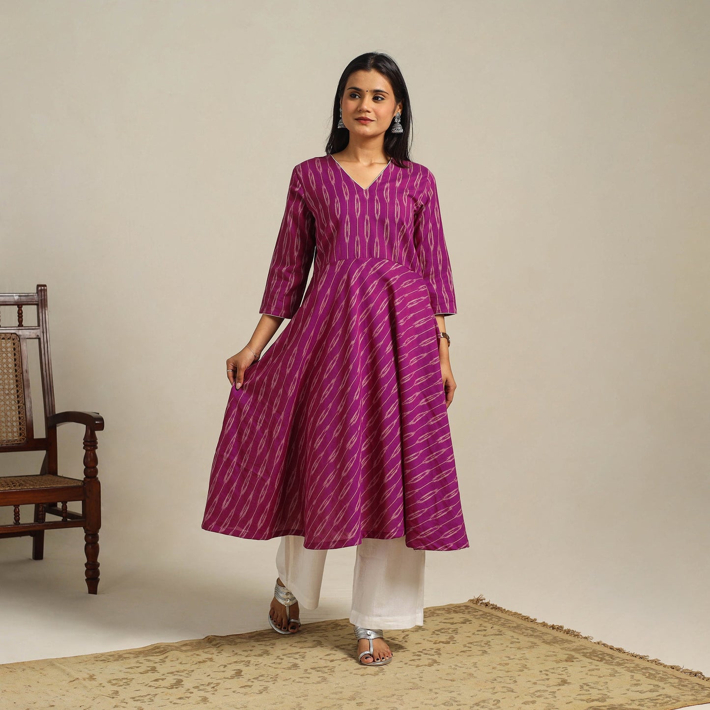Purple Cotton Pochampally Ikat Kurta Set (Set of 2)