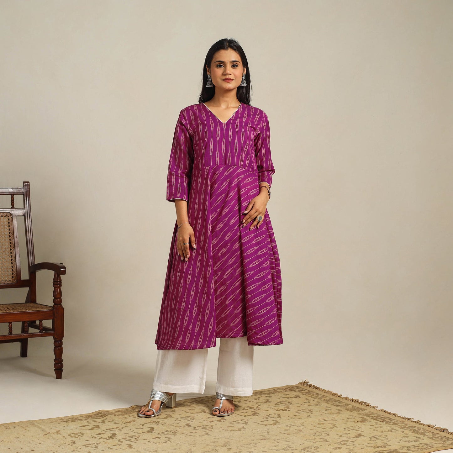 Purple Cotton Pochampally Ikat Kurta Set (Set of 2)