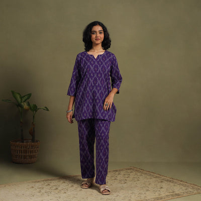 Purple Cotton Pochampally Ikat Night Suit Set