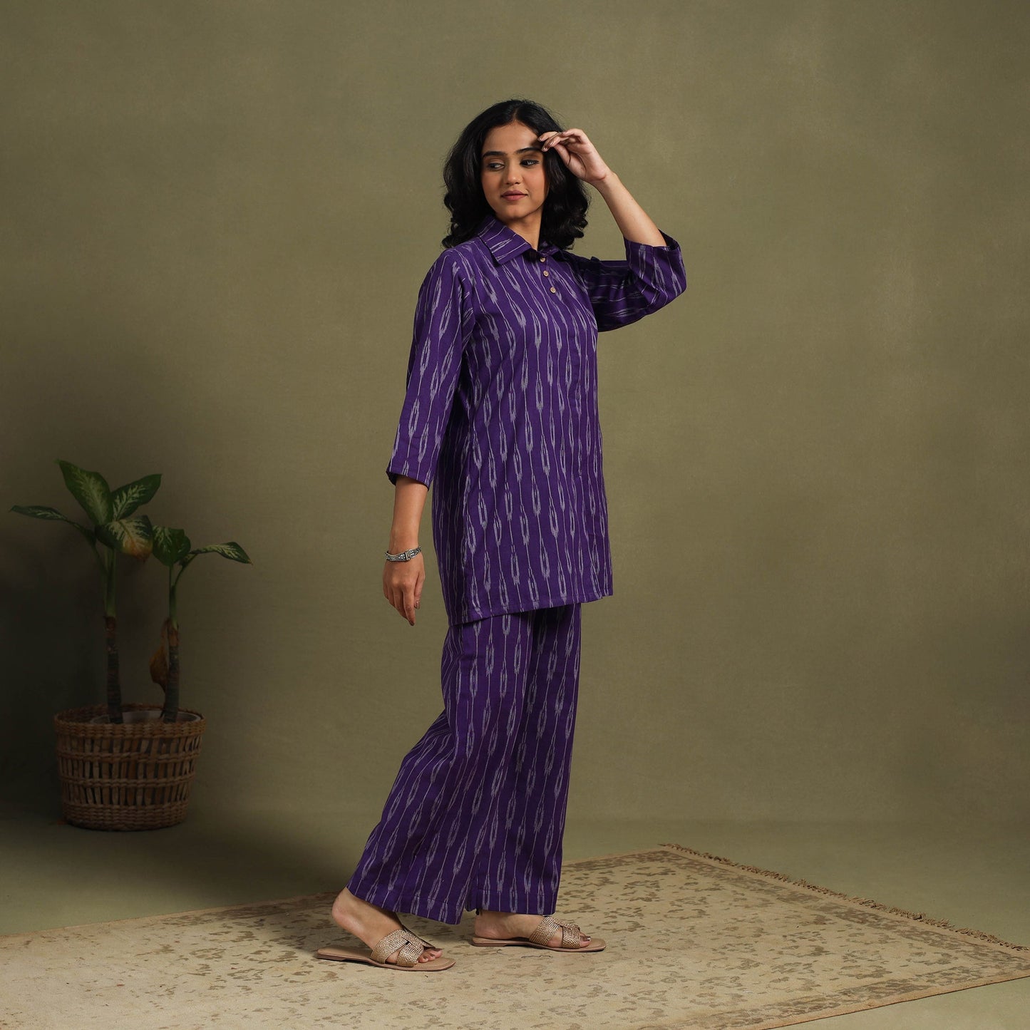 Purple Cotton Pochampally Ikat Night Suit Set