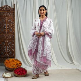 Purple Block Print Cotton Sanganeri Kurta Set