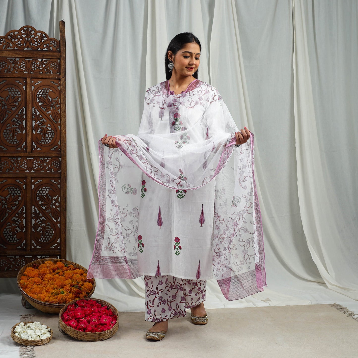 Purple Block Print Cotton Sanganeri Kurta Set