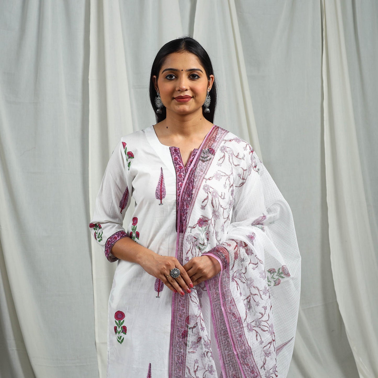 Purple Block Print Cotton Sanganeri Kurta Set