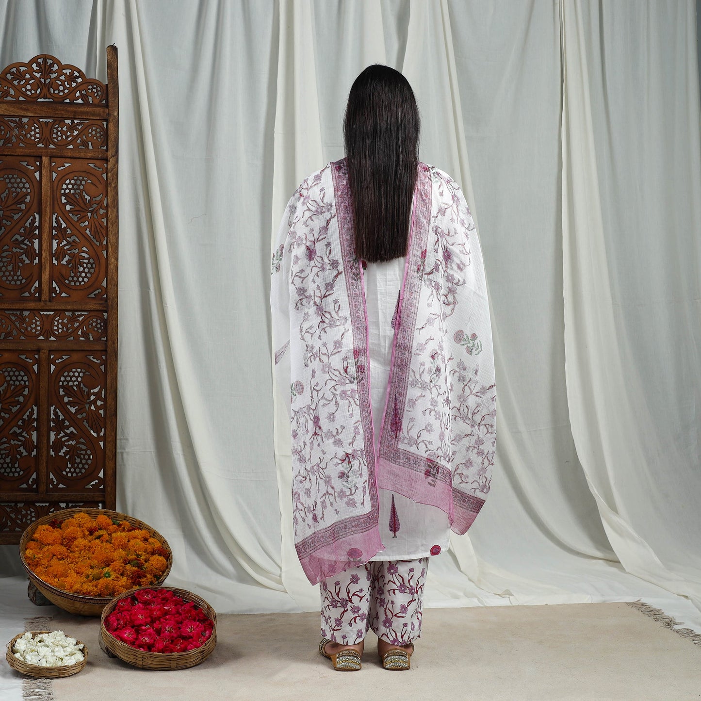 Purple Block Print Cotton Sanganeri Kurta Set