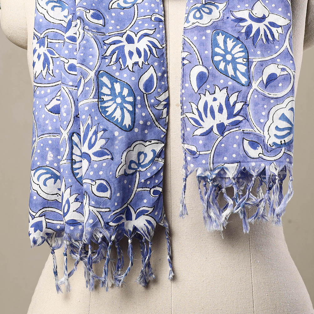 Buy Block Print Cotton Purple Sanganeri Stole with Tassels