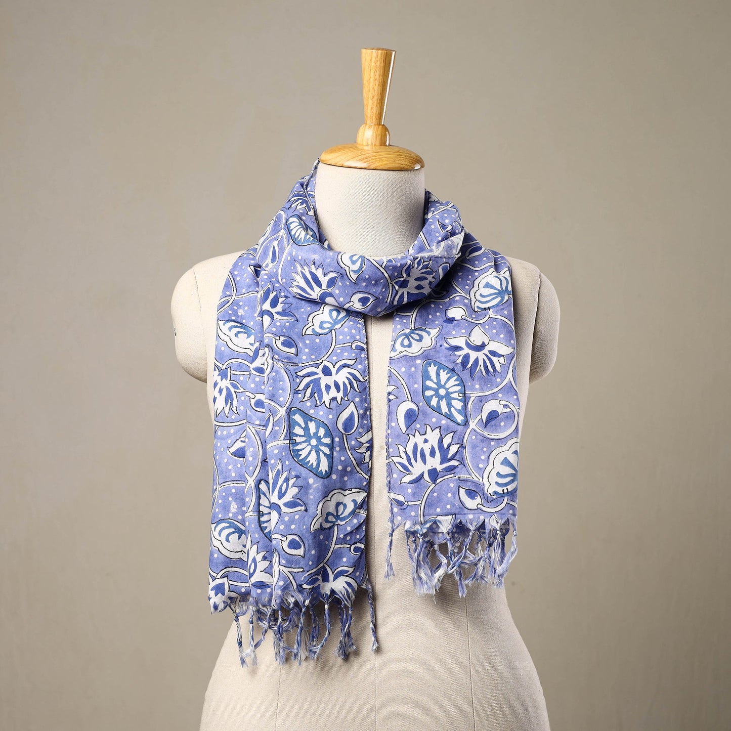 Buy Block Print Cotton Purple Sanganeri Stole with Tassels