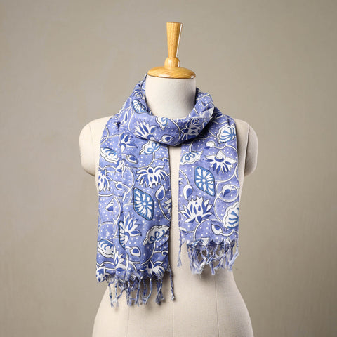 Buy Block Print Cotton Purple Sanganeri Stole with Tassels