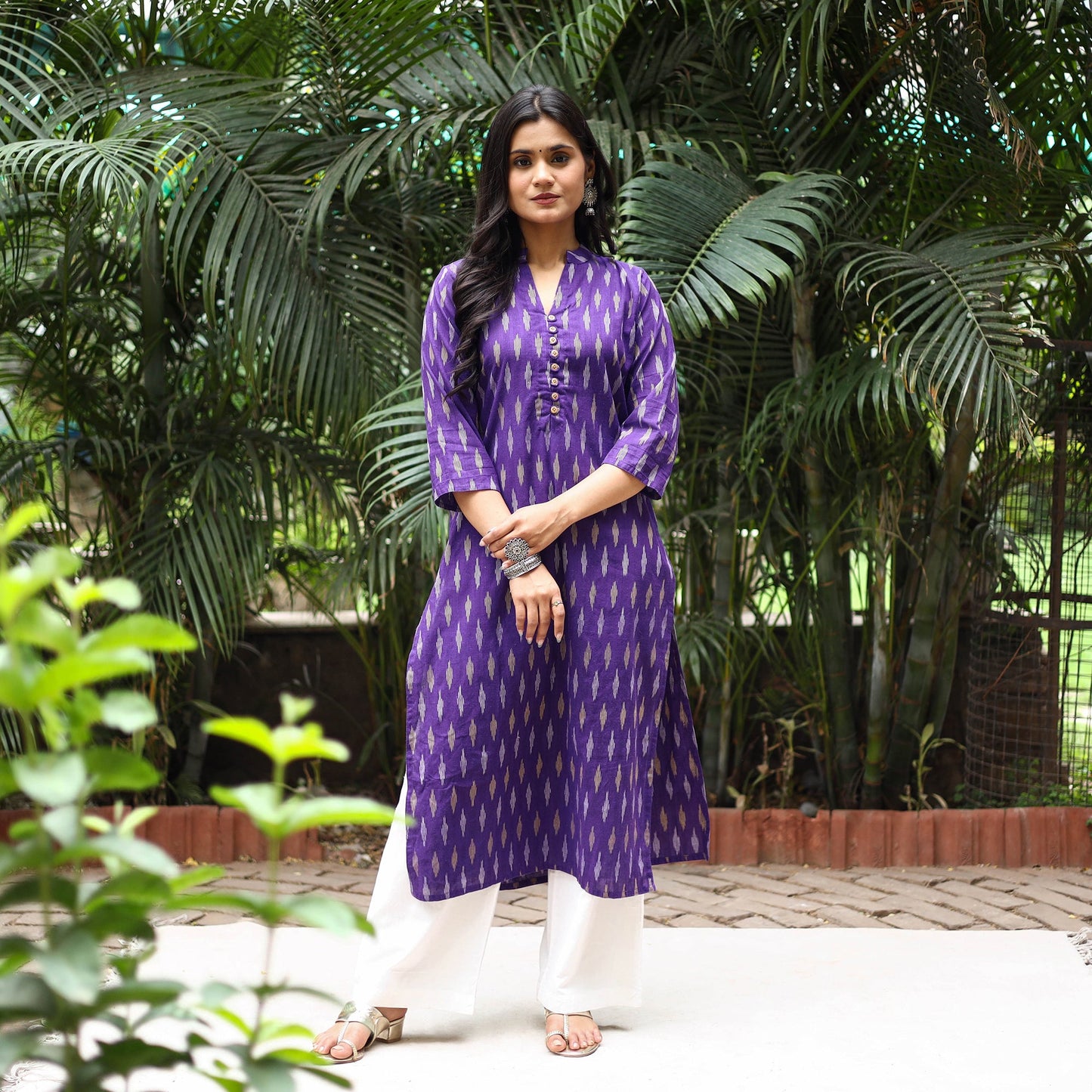 Purple Cotton Straight Pochampally Ikat Kurta for women