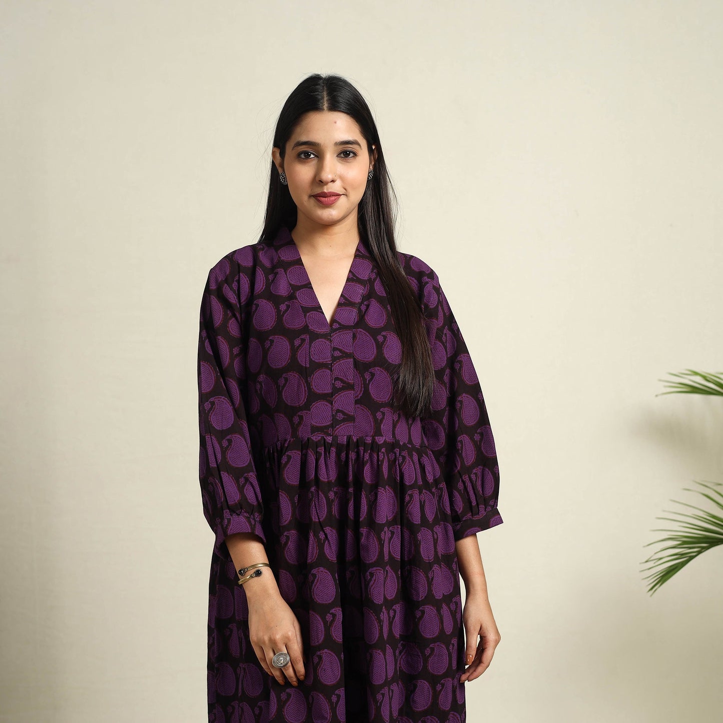  Purple Block Print Cotton Tiered Bagh Dress 
