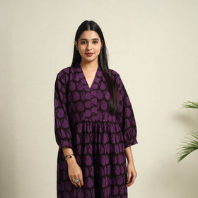  Purple Block Print Cotton Tiered Bagh Dress 