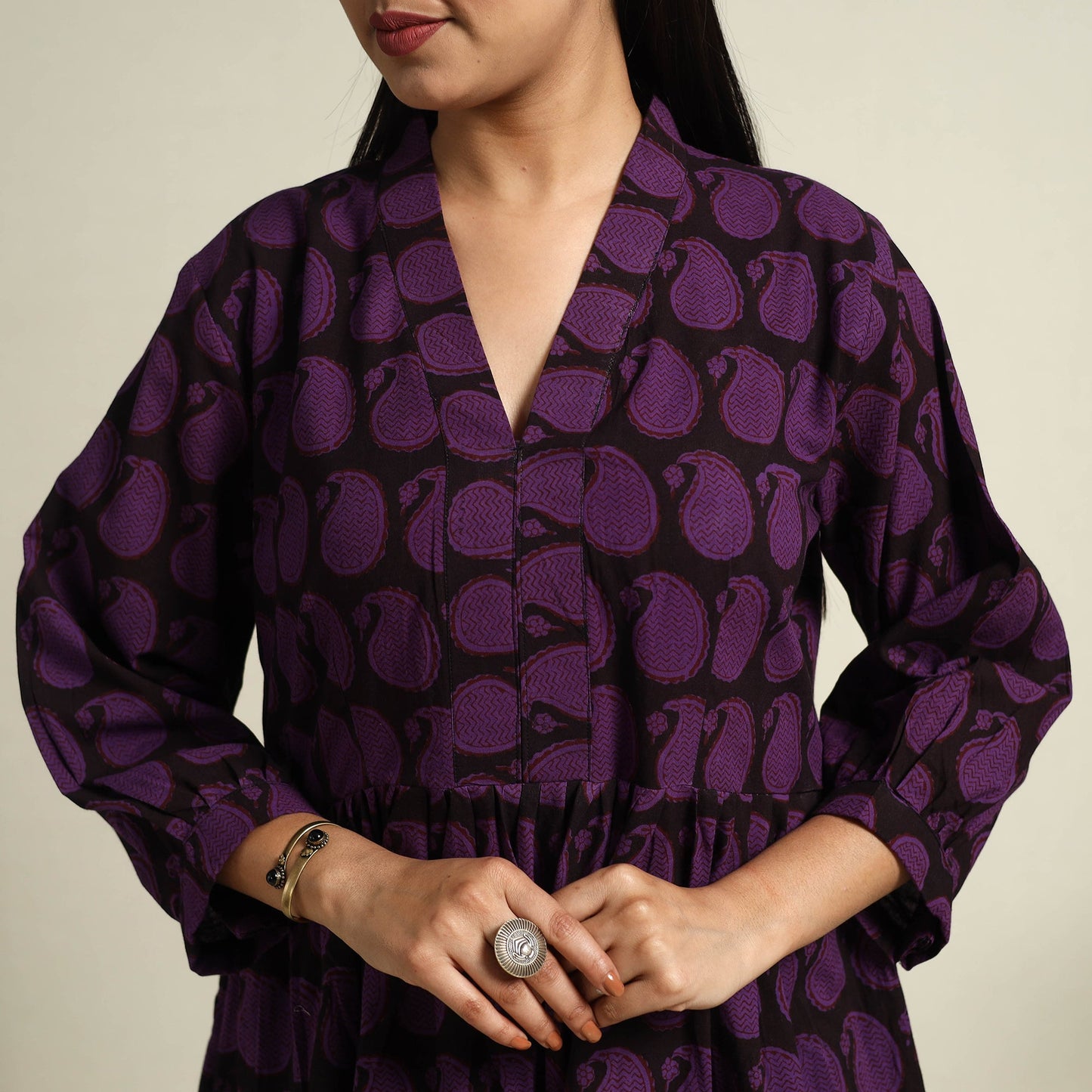  Purple Block Print Cotton Tiered Bagh Dress 