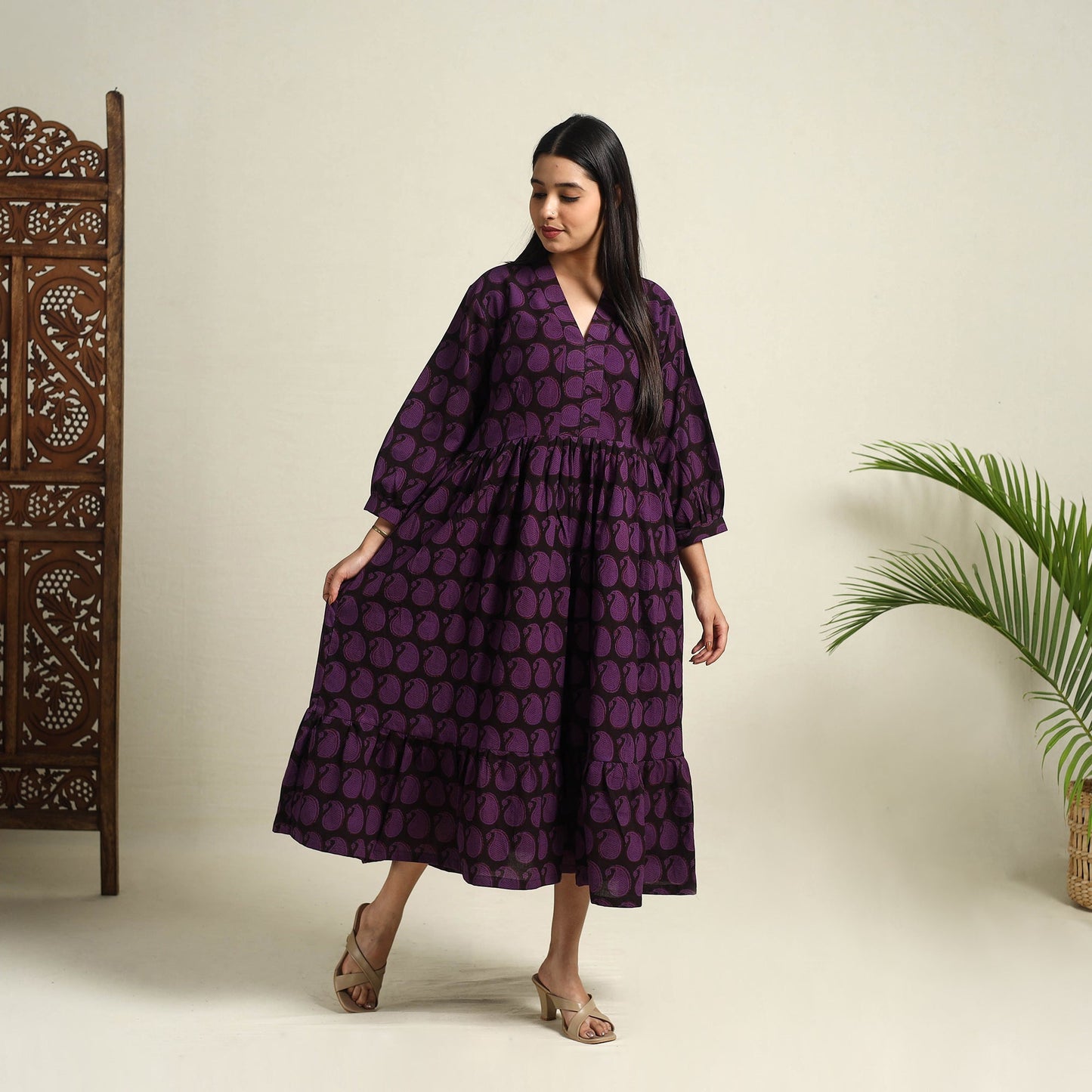  Purple Block Print Cotton Tiered Bagh Dress 