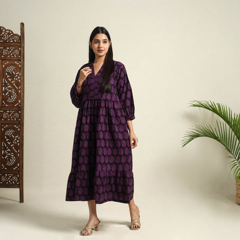  Purple Block Print Cotton Tiered Bagh Dress 