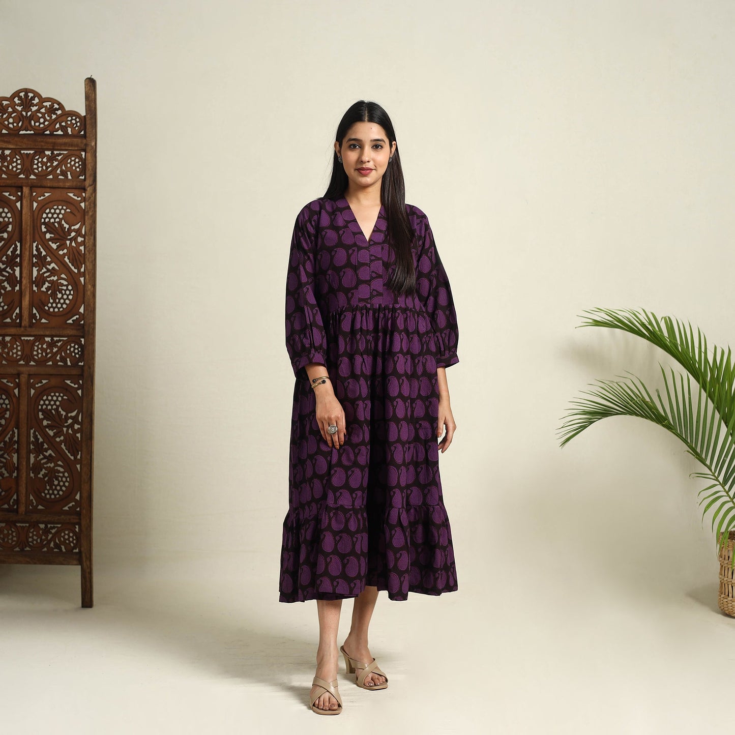  Purple Block Print Cotton Tiered Bagh Dress 