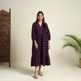  Purple Block Print Cotton Tiered Bagh Dress 
