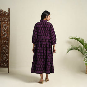  Purple Block Print Cotton Tiered Bagh Dress 