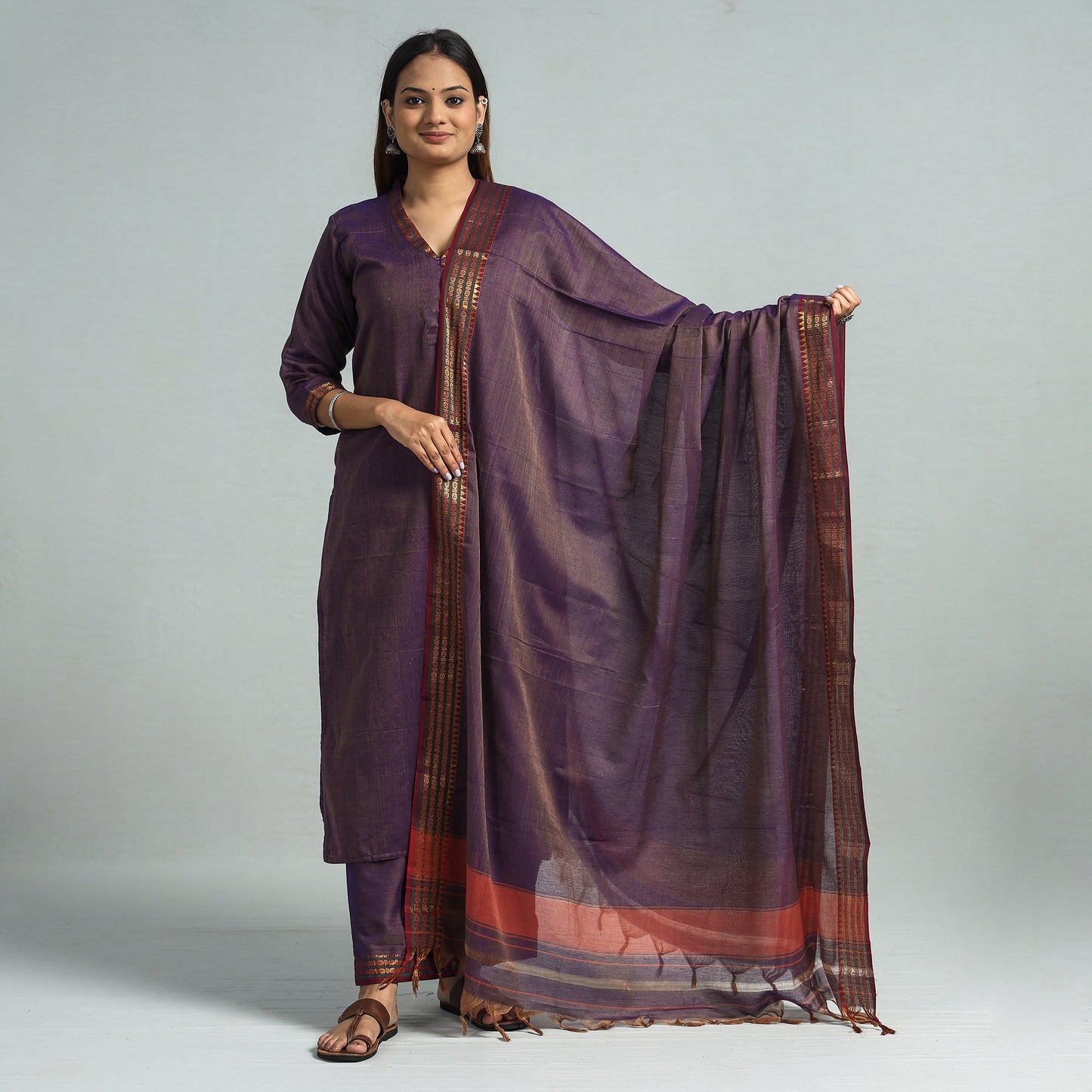 Purple - Dharwad Cotton Kurta with Palazzo & Dupatta Set