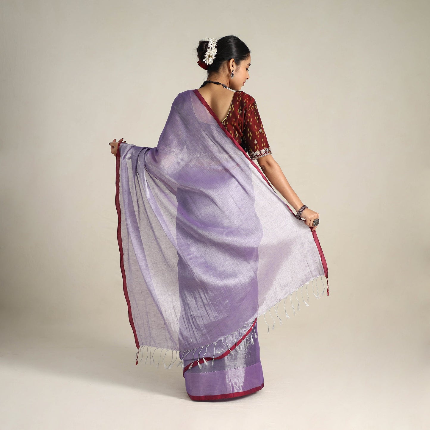 Fine Tissue Zari Purple Bengal Saree with Embroidered Blouse