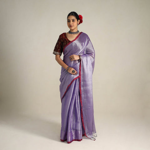 Fine Tissue Zari Purple Bengal Saree with Embroidered Blouse