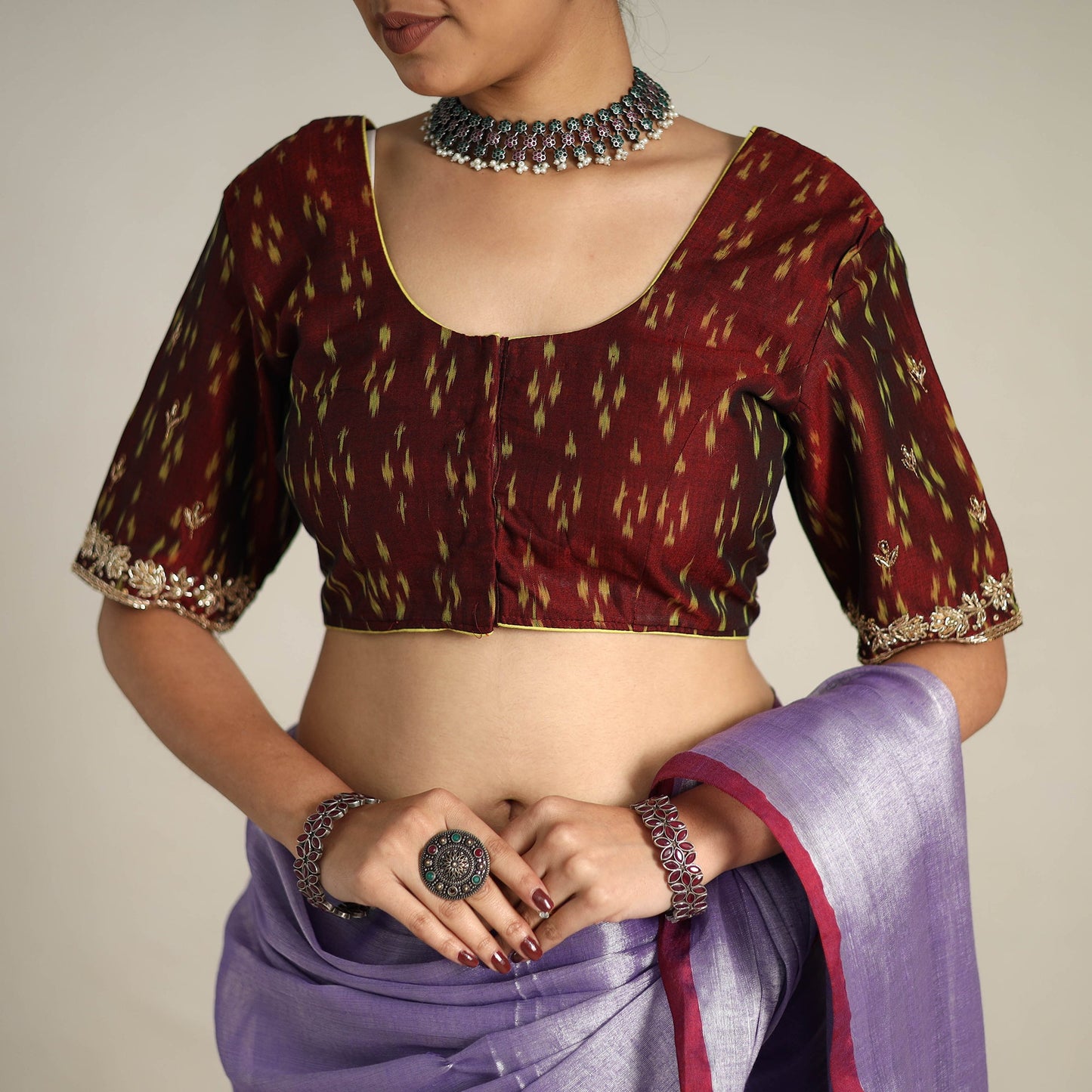 Fine Tissue Zari Purple Bengal Saree with Embroidered Blouse