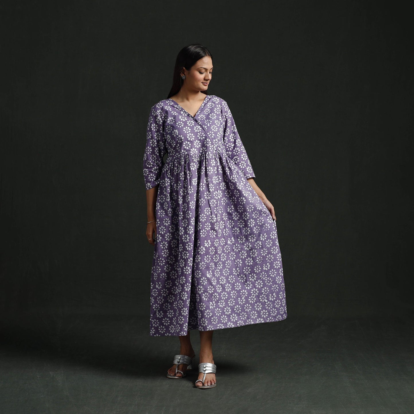 Flared angrakha cotton hand block batik print dress 07