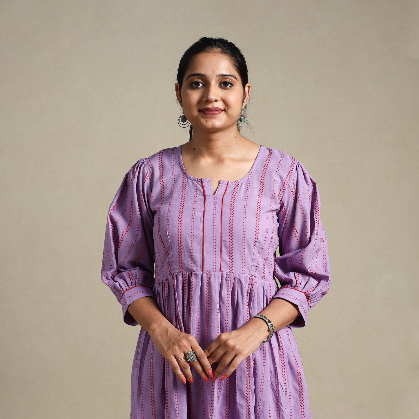 Purple Flared Cotton Jacquard Dress