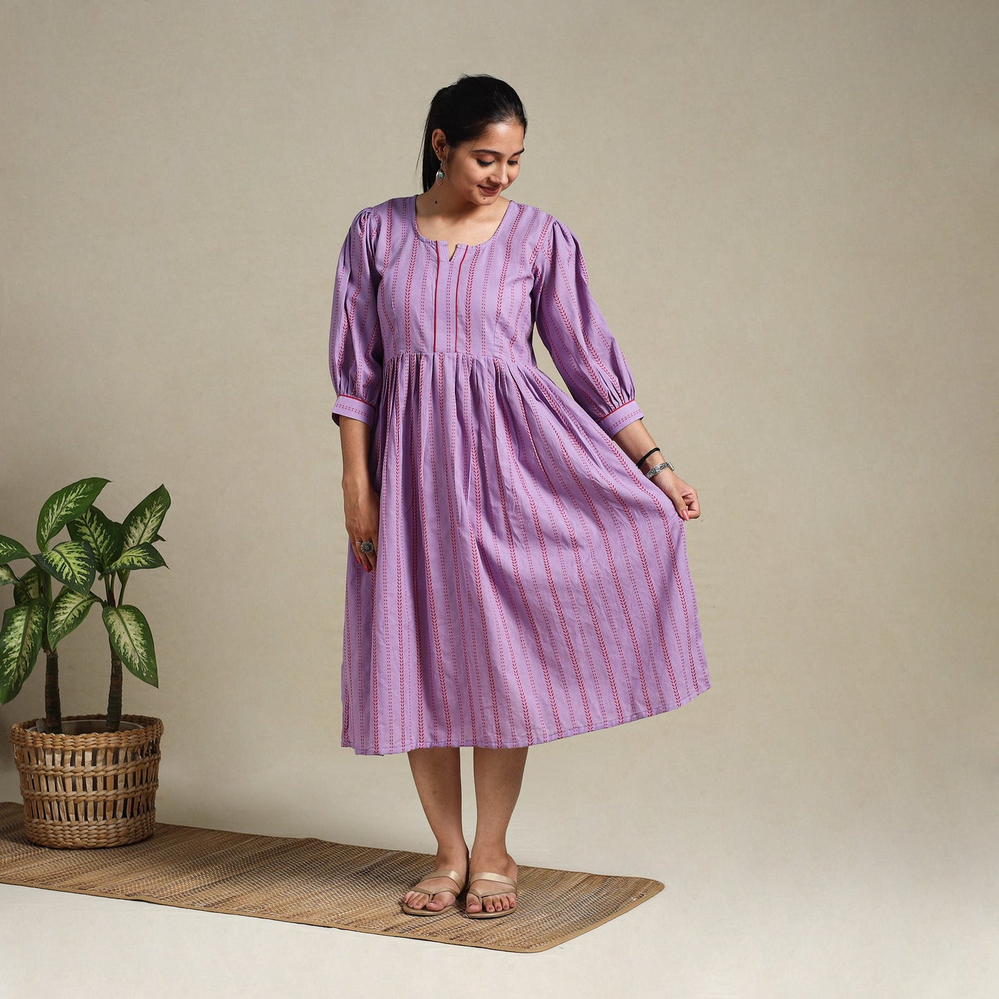 Purple Flared Cotton Jacquard Dress