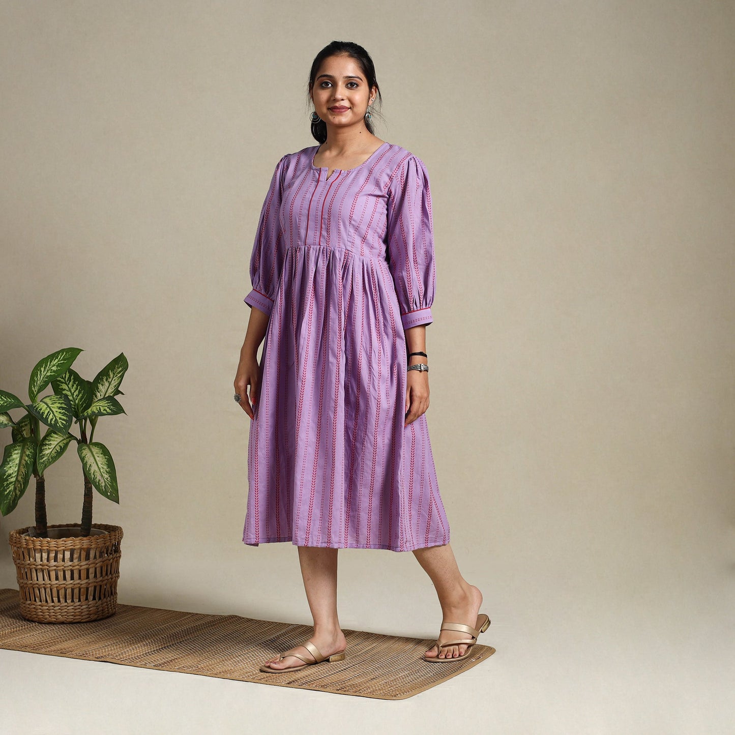 Purple Flared Cotton Jacquard Dress