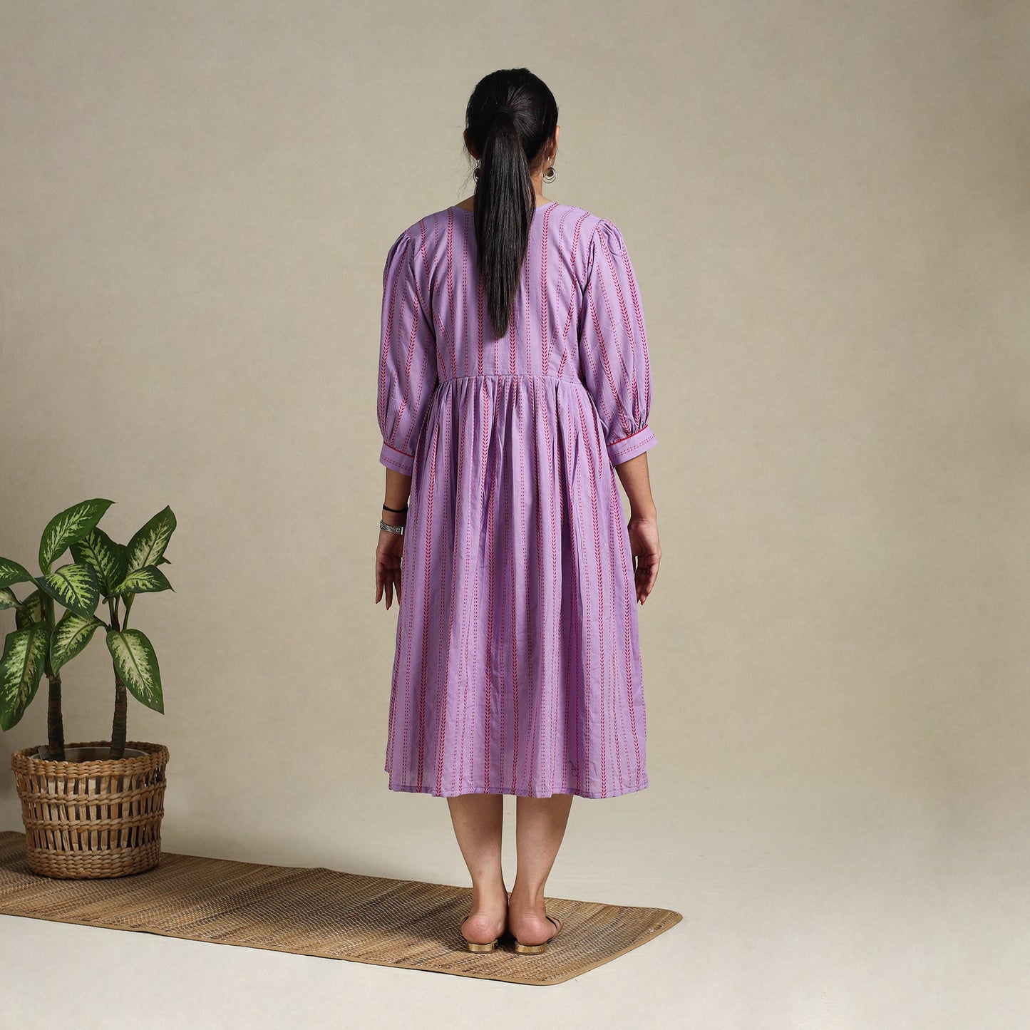 Purple Flared Cotton Jacquard Dress