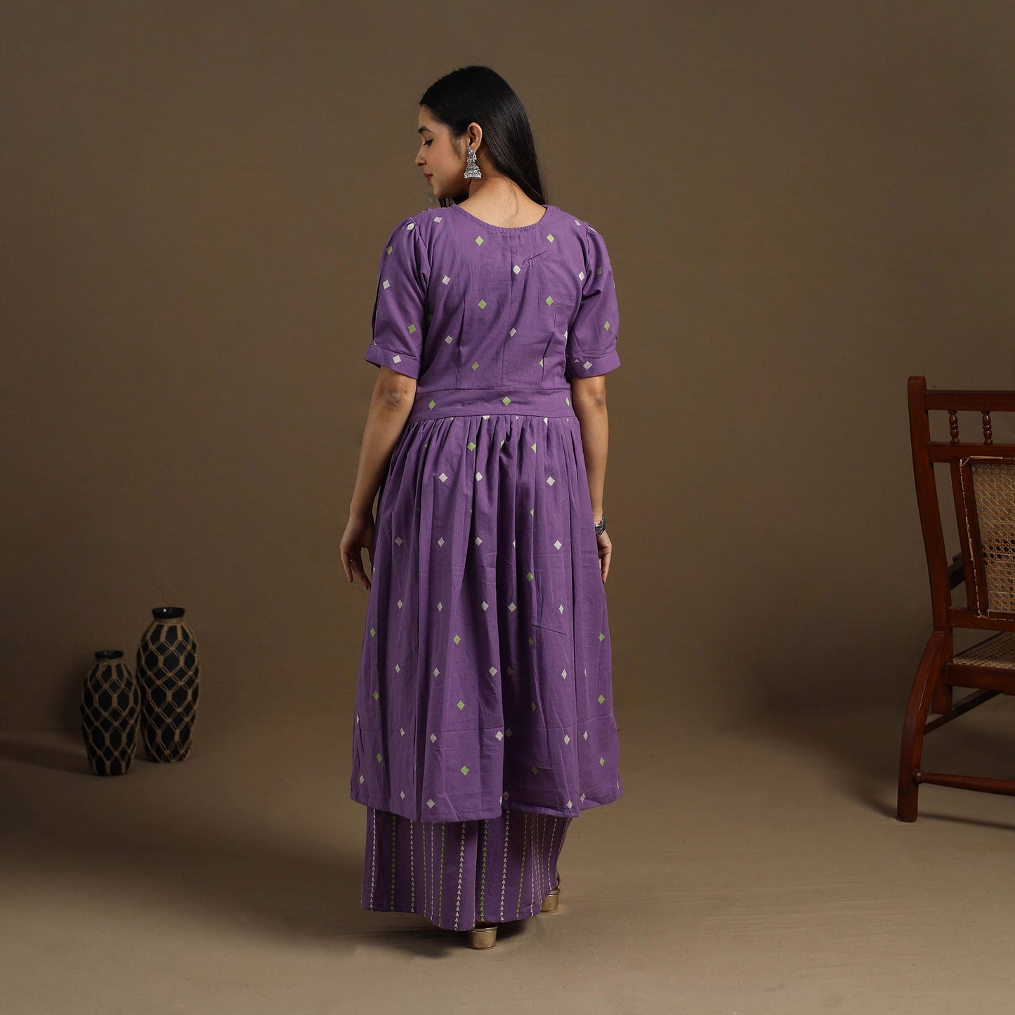 Flared Cotton Purple Jacquard Kurta with Palazzo Set
