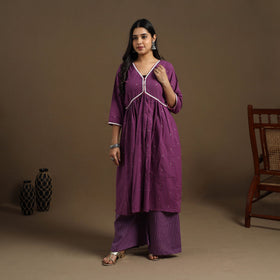 Buy Purple Flared Cotton Lace Work Jacquard Kurta for Women