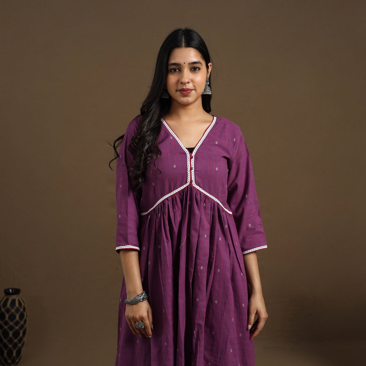 Buy Purple Flared Cotton Lace Work Jacquard Kurta for Women