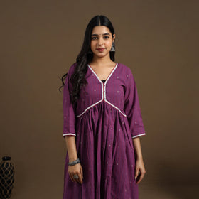 Buy Purple Flared Cotton Lace Work Jacquard Kurta for Women