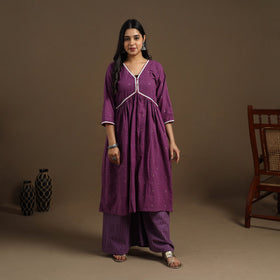 Buy Purple Flared Cotton Lace Work Jacquard Kurta for Women