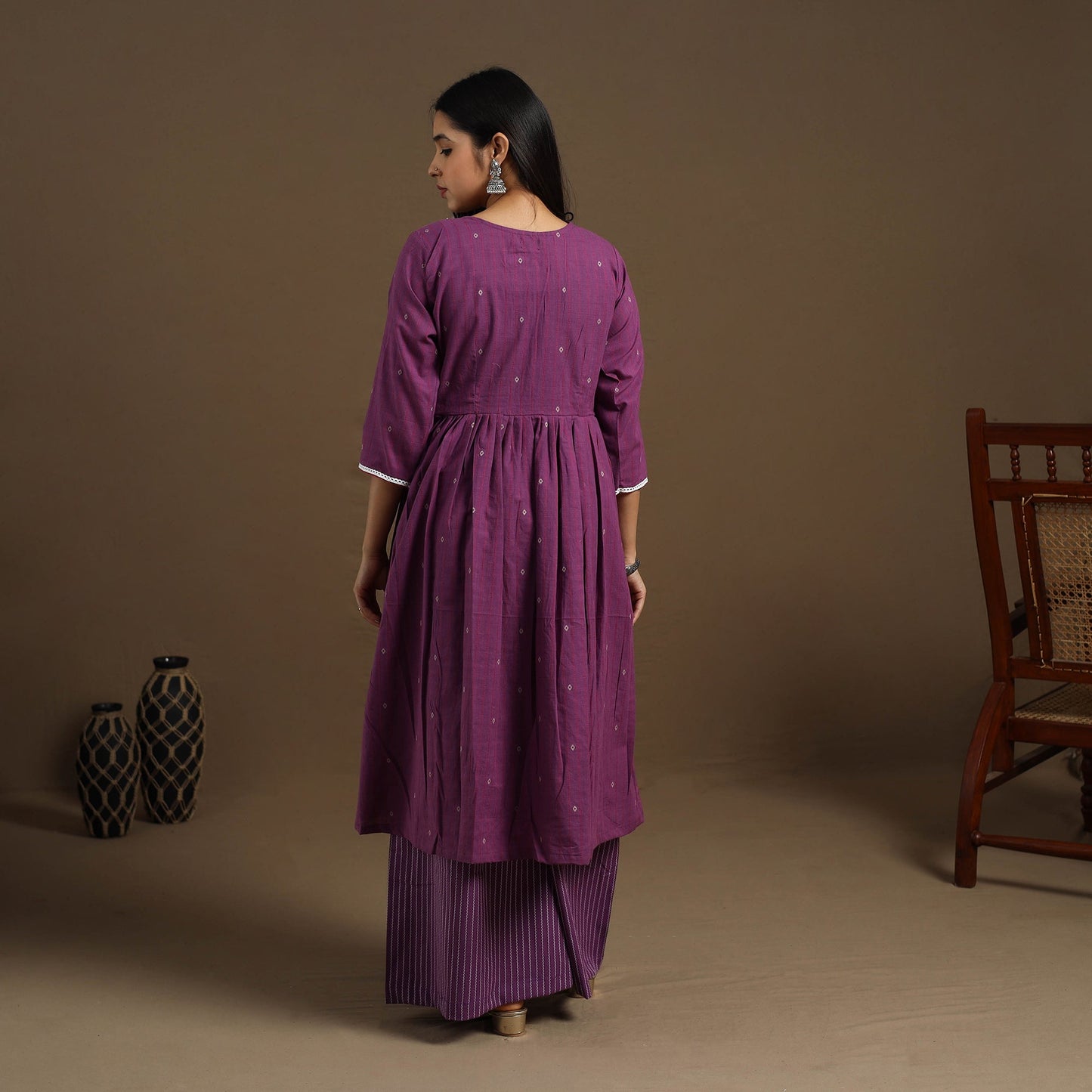 Flared Cotton Lace Work Purple Jacquard Kurta with Palazzo Set