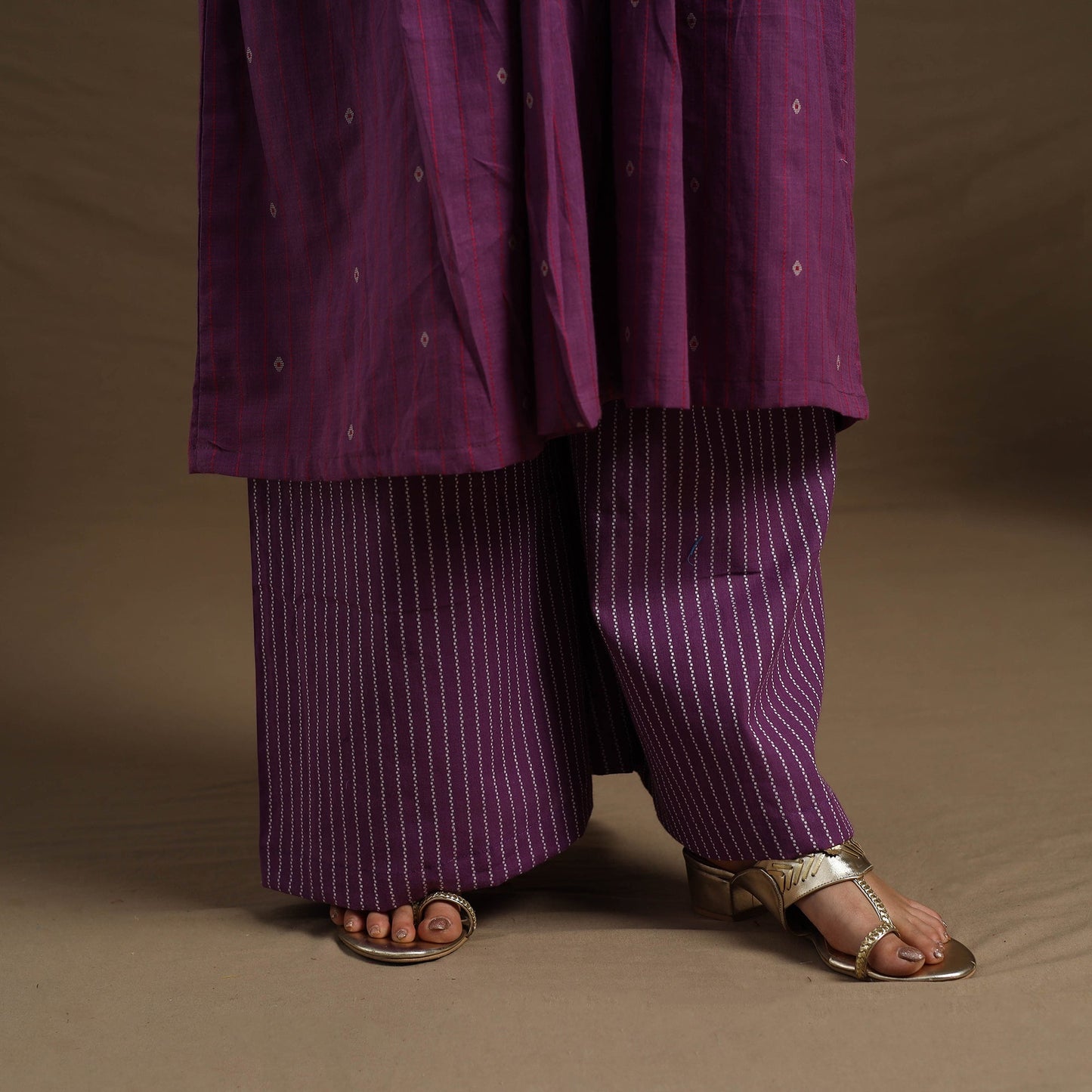 Flared Cotton Lace Work Purple Jacquard Kurta with Palazzo Set