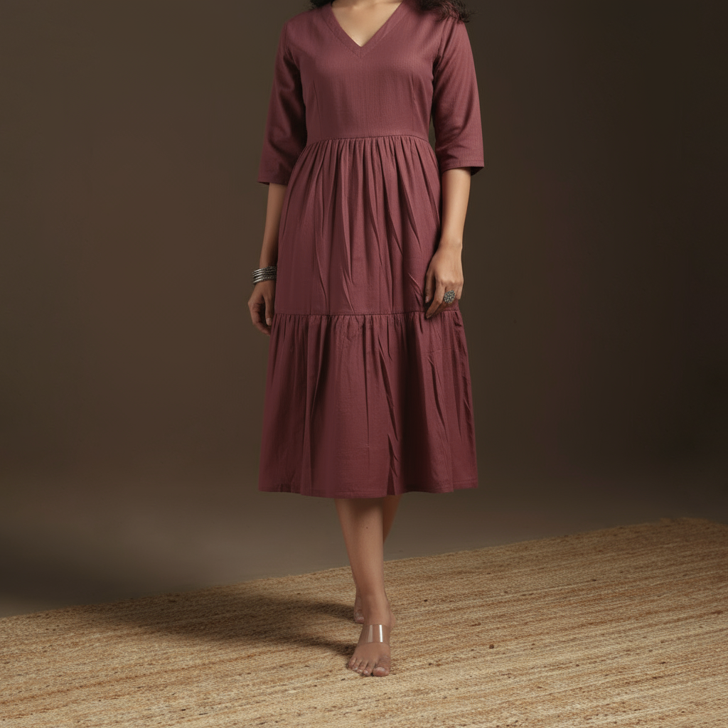 Purple - flex cotton tiered plain dress 08 - handcrafted