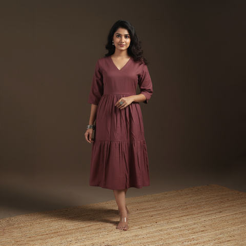 Purple - flex cotton tiered plain dress 08 - handcrafted