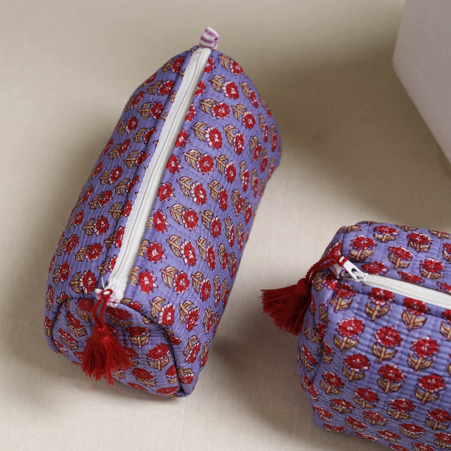 Floral hand block print quilted toiletry bags (set of 3) 02