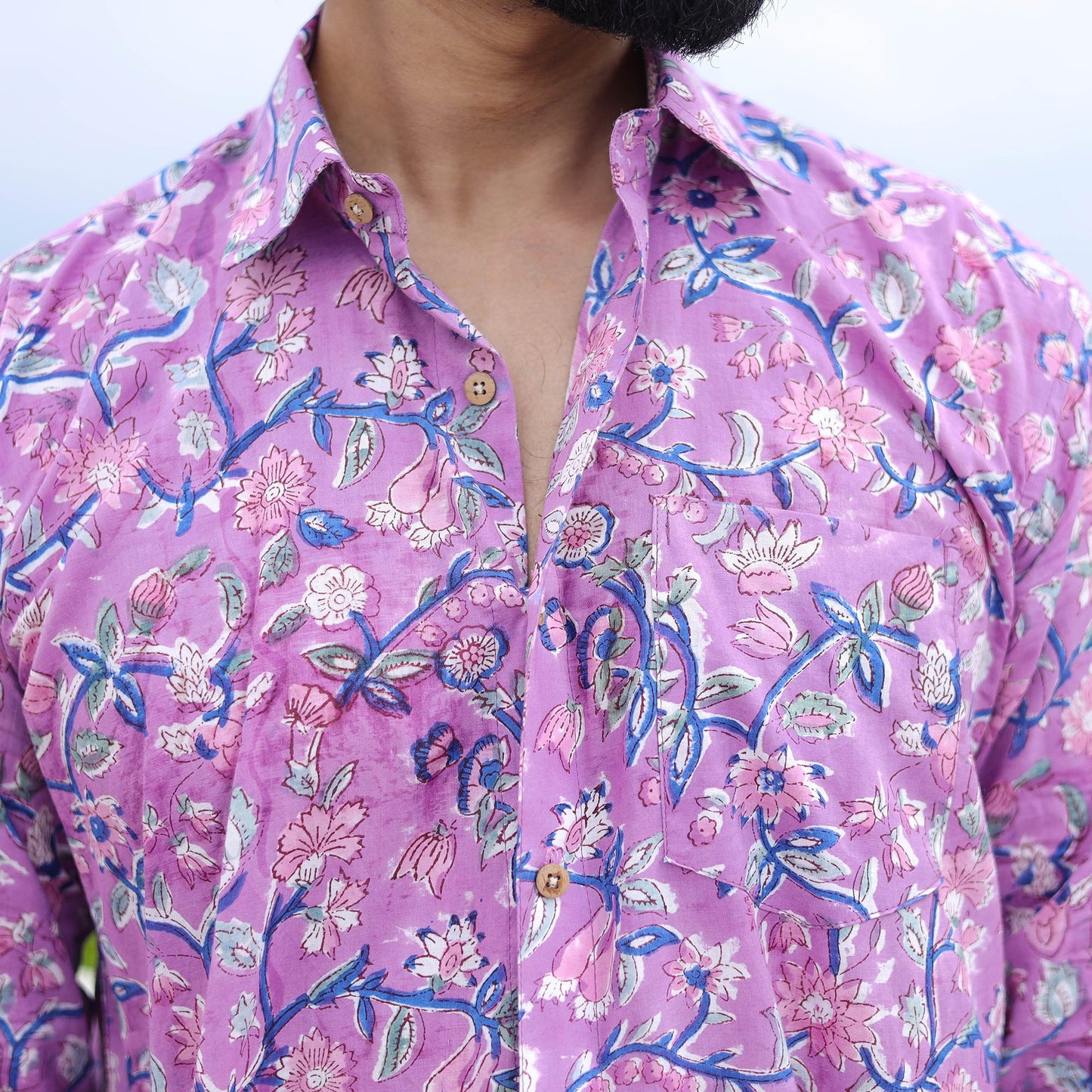 Purple Full Sleeve Block Print Cotton Men Sanganeri Shirt