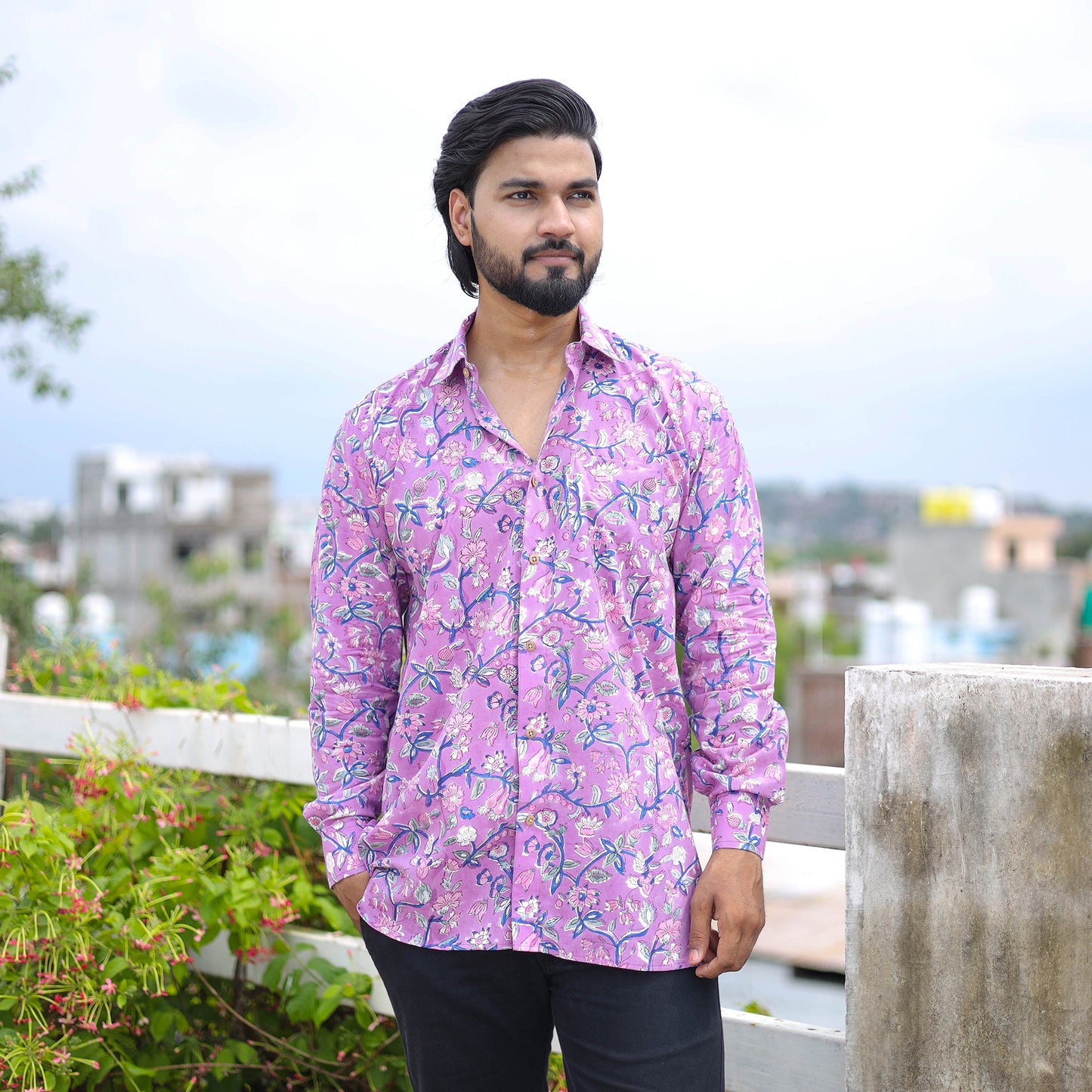 Purple Full Sleeve Block Print Cotton Men Sanganeri Shirt