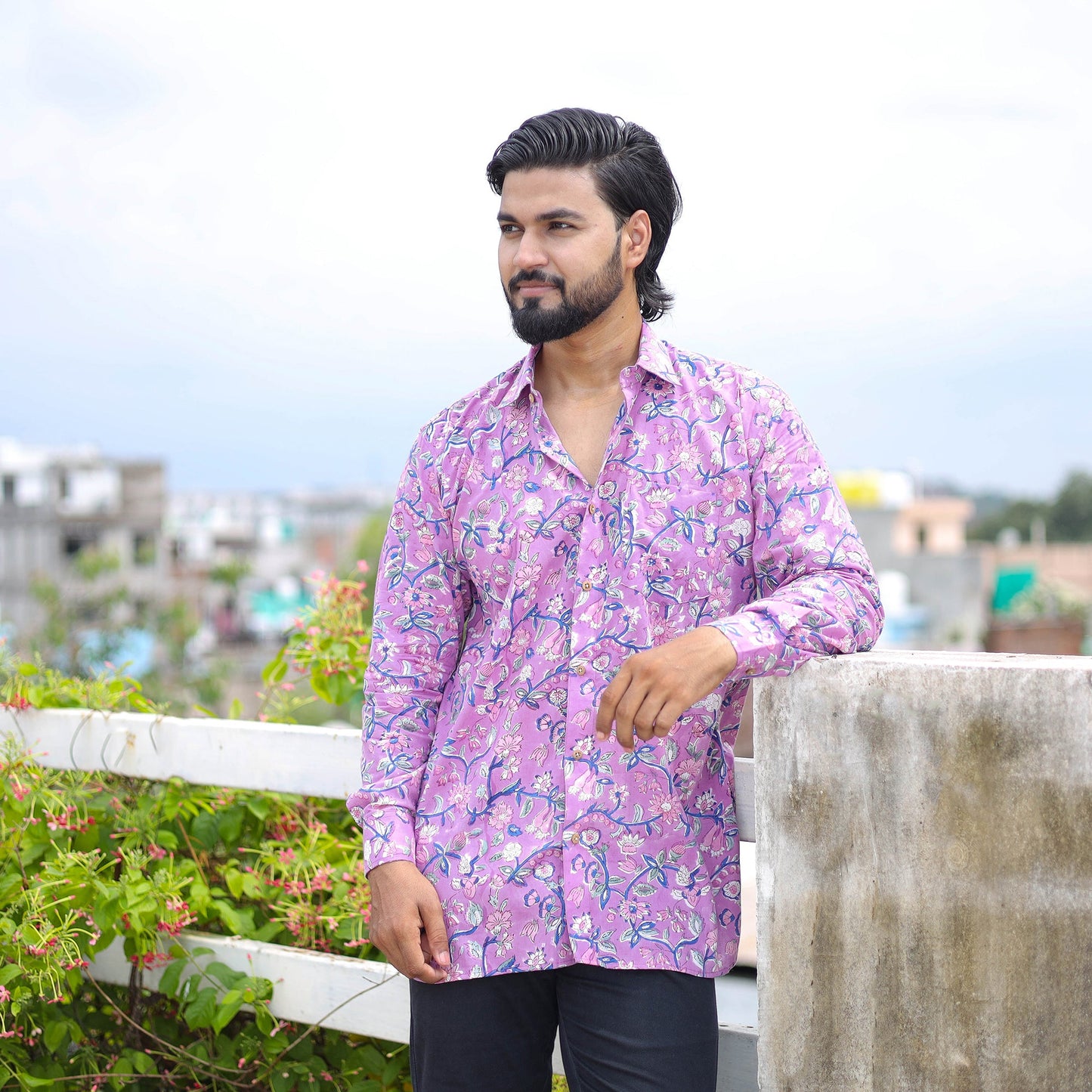 Purple Full Sleeve Block Print Cotton Men Sanganeri Shirt