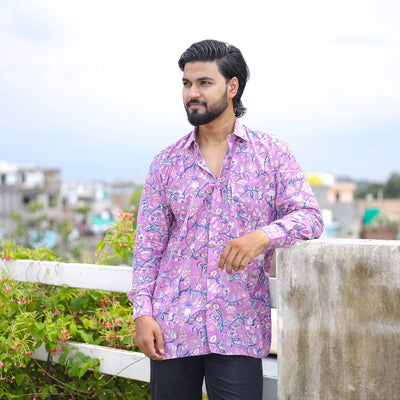 Purple Full Sleeve Block Print Cotton Men Sanganeri Shirt