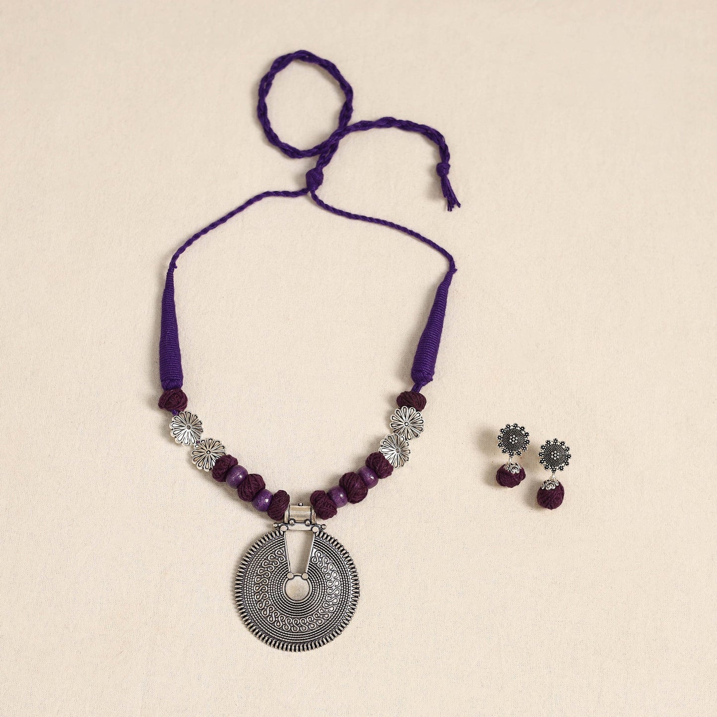 Purple - german silver necklace set with beads 44