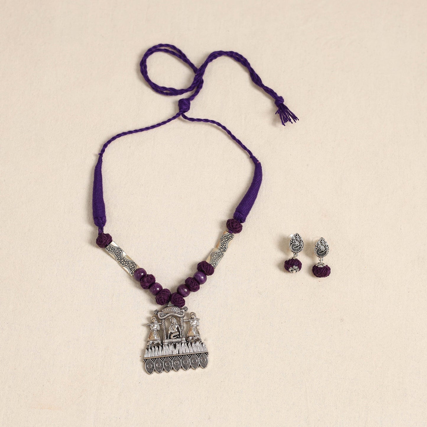 Purple - german silver necklace set with beads 46
