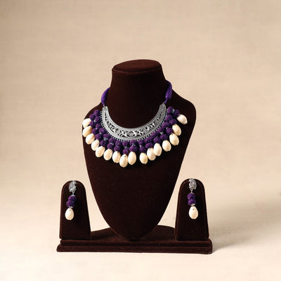 Purple - german silver necklace set with shell & thread