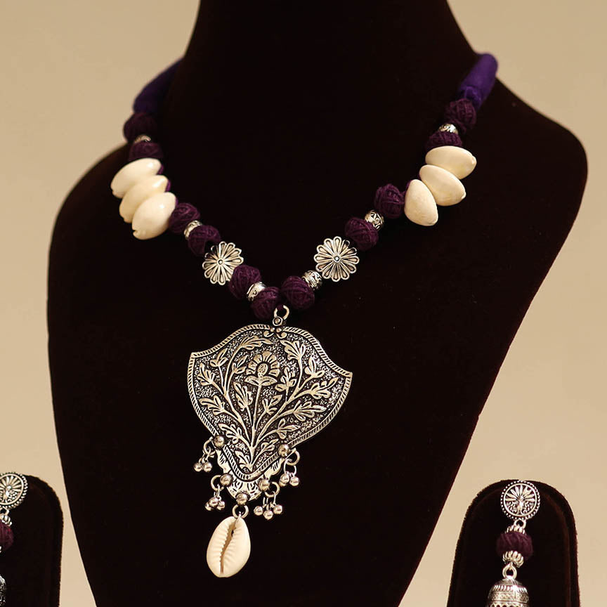 Purple - german silver necklace set with thread beads 06