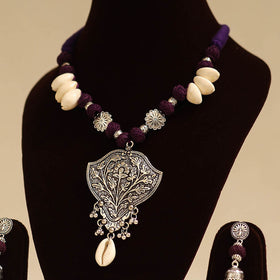 Purple - german silver necklace set with thread beads 06