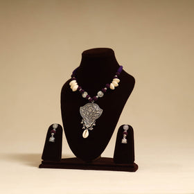 Purple - german silver necklace set with thread beads 06